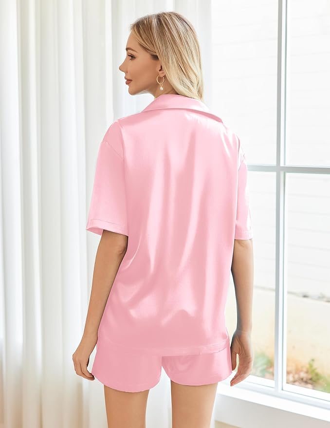 Ekouaer Pajamas for Women Silk Satin Pjs Soft Sleepwear Short Sleeve Button Down Pjs Top and Shorts 2 Piece Lounge Set S-XXL