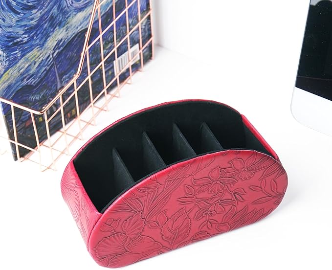 QIELIZI Remote Control Holder, PU Leather Remote Caddy Desktop Organizer with 5 Spacious Compartments for TV Remotes/Media Controllers/Office Supplies (1-Carved Red