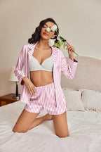 Ekouaer Satin Pajama Set for Women Button Down Pj Set Long Sleeve Top and Shorts 2 Piece Loungewear Summer Soft Sleepwear