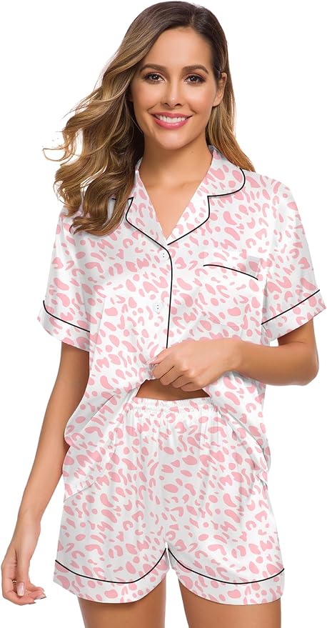 SWOMOG Womens Silk Satin Pajamas Set Short Sleeve Sleepwear Button Down Top and Shorts Loungewear 2 Piece Pjs Set XS-3XL