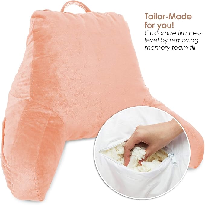Clara Clark Reading Pillow for Kids & Teens with Shredded Memory Foam, Backrest Pillows for Reading, Watching, and Gaming, Use on The Couch, Bed, or Floor, Adjustable Support, Washable Cover Peach