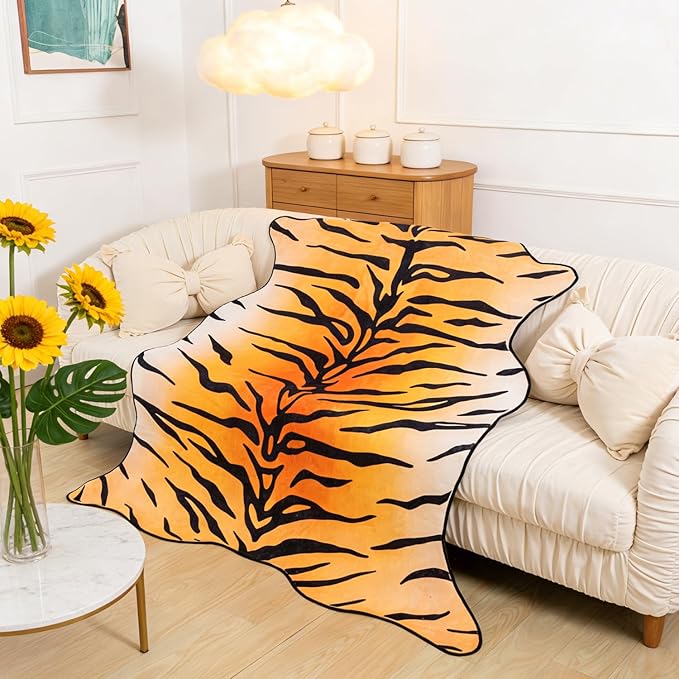 Tiger Print Area Rug, Tiger Rugs 4.6x5.2 Feet Western Rug Non-Slip Animal Print Skin Faux Cashmere Carpet for for Living Room Bedroom Home Decor