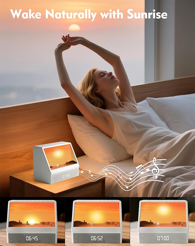 Sunrise Alarm Clock with Sound Machine, Sunlight Alarm Clock with 10 Scene Simulations for Sleep, 12 White Noise Sound Machine with Bluetooth Speaker