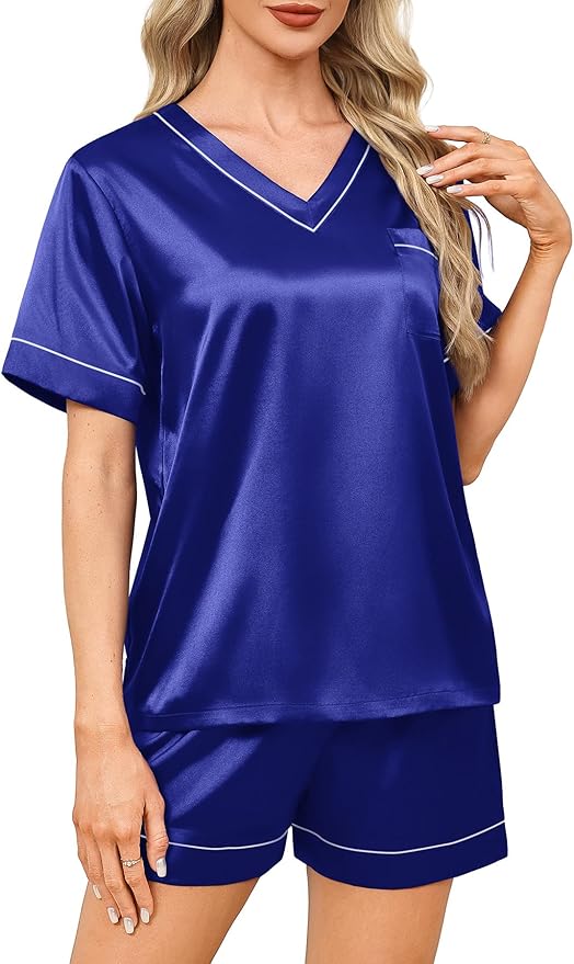 WIHOLL Silk Pajamas for Women Short Sleeve Sleepwear Soft Lounge Sets 2 Piece Satin Pjs