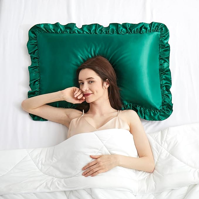 Silky Satin Ruffled Pillow Cases for Hair and Skin,Blackish Green Silk Pillowcases Standard Set of 2 with Envelope Closure Princess Room Decoration