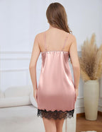Womens Silk Lingerie Robe Nightgown 2 Piece Pajamas Set Sexy Lace V Neck Cami Satin Sleepwear