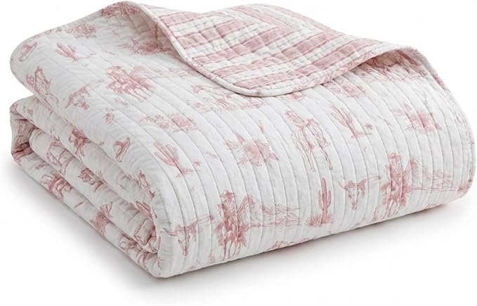 Rod's True Western Dusty Rose Cowgirl King Quilt, Reversible Pink and White Western Toile Bedding, Lightweight 100% Cotton Bedspread, 106x92 Inch