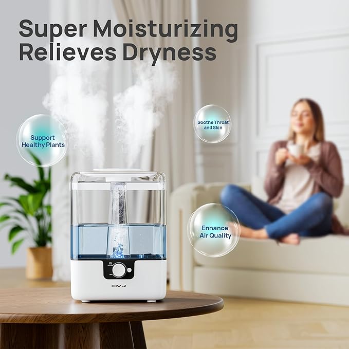 CHIVALZ Humidifiers for Bedroom Large Room Home, 6L Cool Mist Humidifier for Baby and Plant, Oil Diffuser, Top Fill Humidifier with Night Light, Quiet 26dB, Up to 50H, White 1Pack