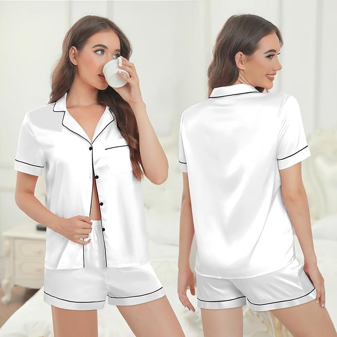Silk Pajamas for Women Satin Womens PJ Set 2 Piece Short Lounge Set Summer Sleepwear Notch Collar Button-Down Pjs