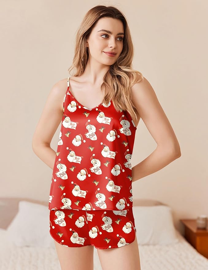 Ekouaer Silk Pajamas Set for Women Satin Camisole Sleepwear Lingerie V-Neck Cami Top and Shorts Pjs
