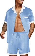 Ekouaer Men Satin Silk Pajamas Set with Pockets Sleepwear Shorts Satin Summer Loungewear 2 Piece Button Down Set S-3XL