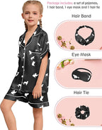 EPLAZA Kids Satin Pajamas Sets Girls Boys Button-Down Silky Pajamas Sleepwear with Hairband Eye Mask Hair Tie