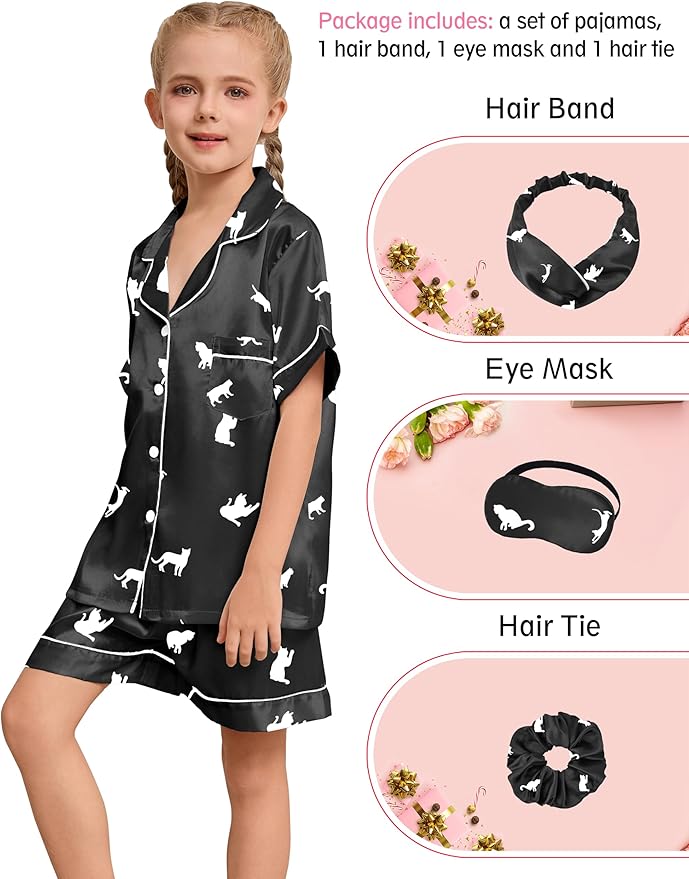 EPLAZA Kids Satin Pajamas Sets Girls Boys Button-Down Silky Pajamas Sleepwear with Hairband Eye Mask Hair Tie
