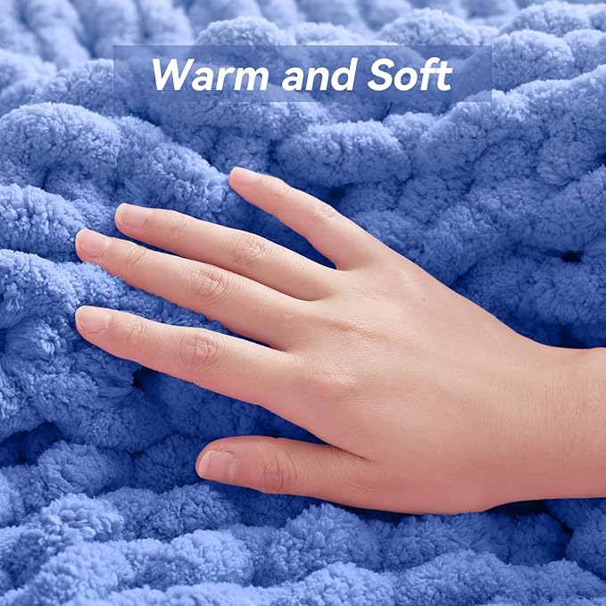 Negwoo Chunky Knit Throw Blanket, 50''*60'' Knitted Throw Chenille Yarn for Bed Couch, Handmade Light Blue Crochet Big Thick Blanket, Machine Washable Cute Comfy Blanket for Home Decor