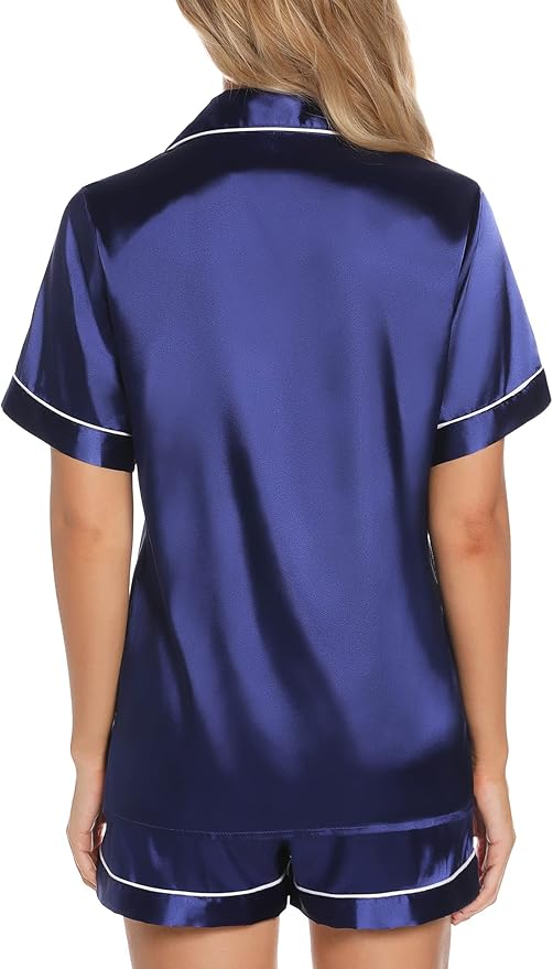 Samring Women's Silk Satin Pajamas Set Short Sleeve Sleepwear Two Piece Button Down Pj Set with Pockets S-XXL
