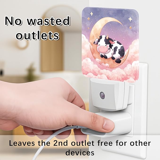 Cow Night Lights Plug Into Wall, Cute Fanciful Moon Clouds Summer Peach Automatic Plug in Night Lights with Sensor for Living Room Family Room Bedroom Decor 1pcs