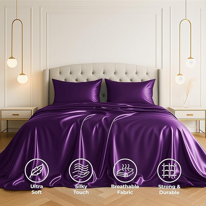 Pure Bedding Satin Sheets Full [4-Piece, Purple] Hotel Luxury Silky Bed Sheets - Extra Soft 1800 Microfiber Sheet Set, Wrinkle, Fade, Deep Pocket Fitted Sheet, Flat Sheet, Pillow Cases