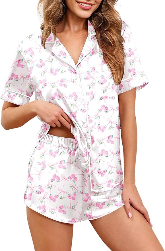 Ekouaer Womens Silk Satin Pajamas Set Short Sleeve Sleepwear Button Down Loungewear 2 Piece Pjs Shorts Set S-5X Plus Size
