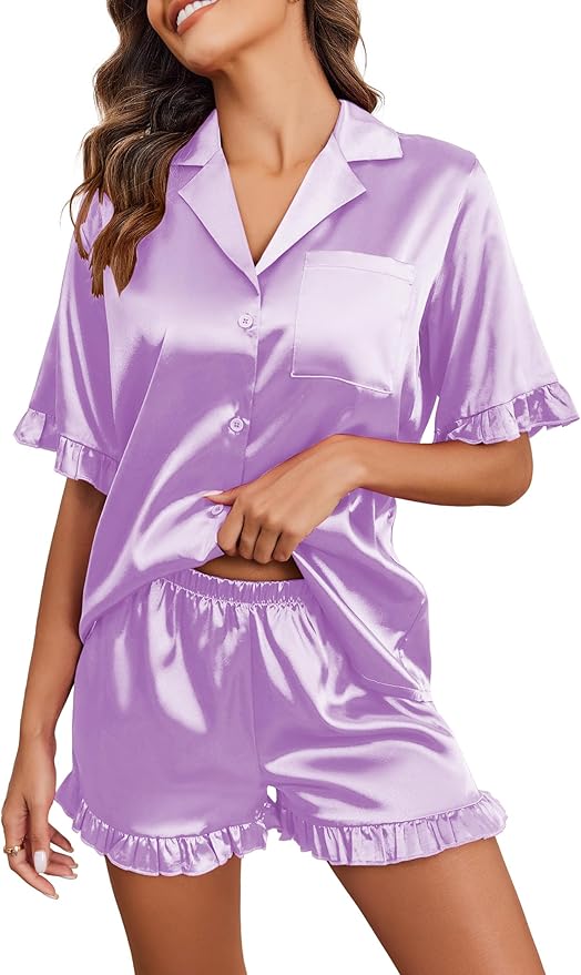 Ekouaer Satin Pajama Set for Women Button Down Silk 2 Piece Pj Sets Ruffle Short Sleeve Sleepwear