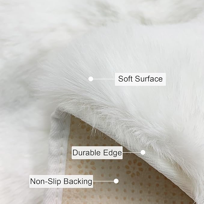 ABREEZE Thick Rabbit Plush Runner Rug 2.6'X 6',Solid White Faux Rabbit Bedroom Rug Super Soft Faux Fur Non-Slip Sofa Cover for Bedroom Carpet, Floor pad, Window Bench mat