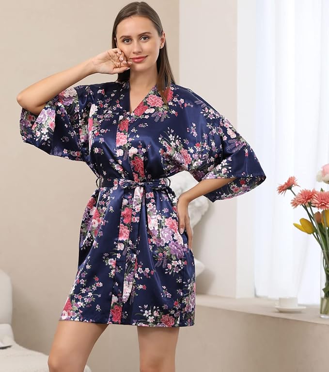 QXQTER Peony Floral Silky Satin Robe Wedding Bridal Party Bride Bridesmaid Robes for Women Dressing Gown Kimono Robe