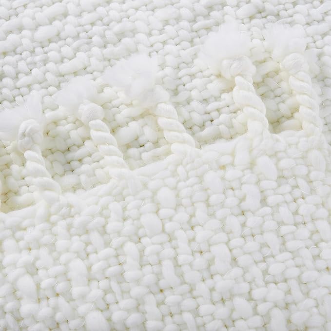 Chunky Knit Throw Blanket with Braided Tassels 50" x 60", Hand Knitted Soft Thick Yarn Basket Weave Boho Farmhouse Blanket, Plush Fluffy Tassel Decor Throw for Couch Bed Sofa, Cream