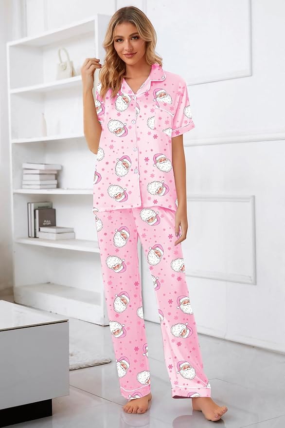 Umeyda Girls Womens Pajamas Set, Satin Silky Button Down Loungewear 2 Piece Short Sleeve Pants PJS Sets for Mommy Kids