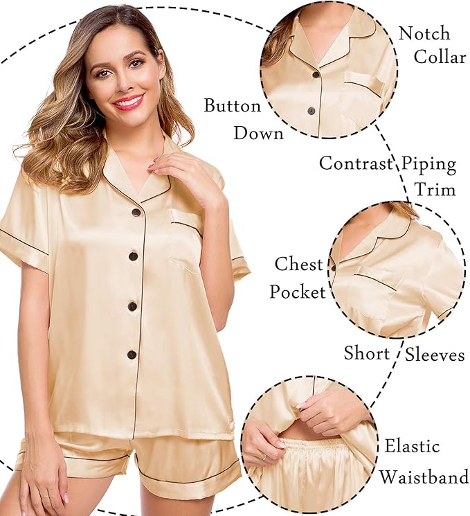 LecGee Womens Silk Satin Pajamas Short Sleeve Loungewear Two-Piece Sleepwear Button-Down Pj Set