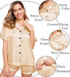 LecGee Womens Silk Satin Pajamas Short Sleeve Loungewear Two-Piece Sleepwear Button-Down Pj Set