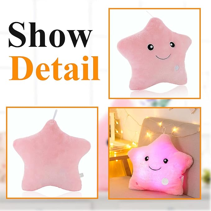 Kids Throw Pillows,LED Lights Star Throw Pillow Gifts for Child Birthday Teen Decorative Throw Pillows Cute Plush Toys Girls Doll Pink Throw Pillows for Couch Living/Bed Room Home Office