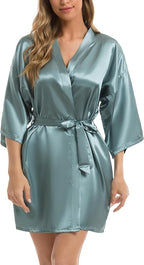 Vlazom Womens Kimono Robes Dressing Gown Satin Bathrobe Nightdress Short Style Bridal Robe