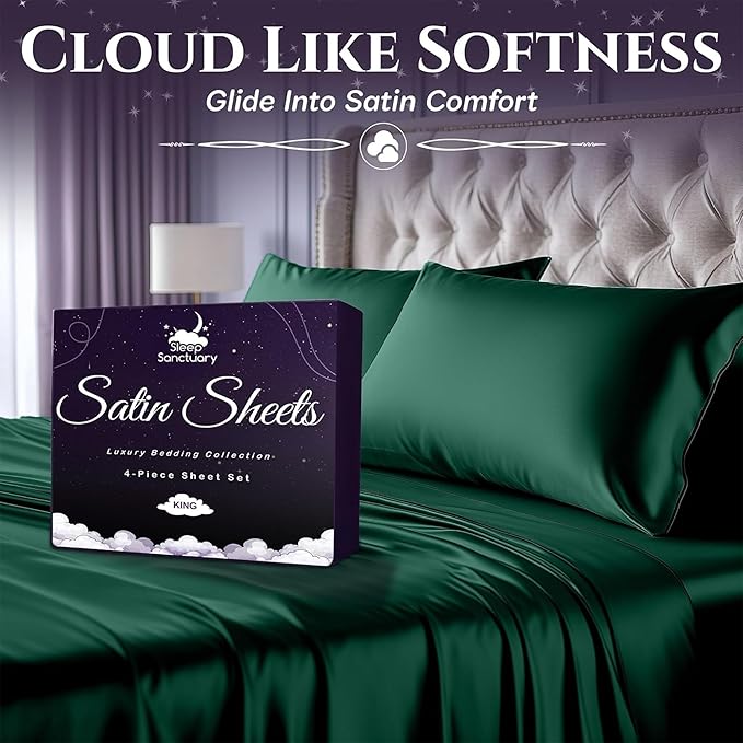 SLEEP SANCTUARY Satin Sheets King Size – 4 Piece Luxury Silky Bed Set, Softer Than Silk, 15" Deep Pocket, Cooling & Wrinkle-Free, Moisture-Wicking & Breathable for Hair & Skin (Dark Green)