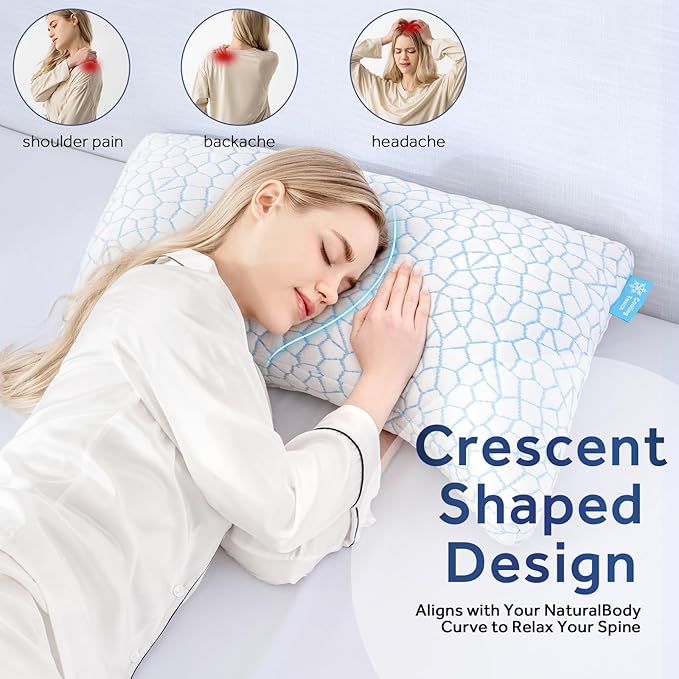 QUTOOL Double Sided Cooling Pillow for Side and Back Sleepers,Adjustable Soft & Firm Shredded Memory Foam Pillows for Neck Pain Relief,Curved Bed Pillows Queen Size Set of 2