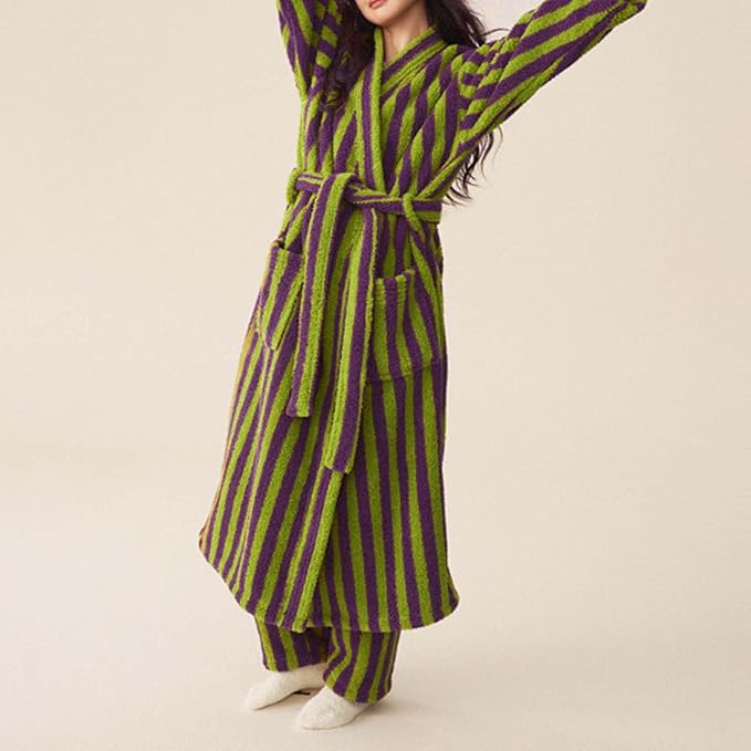 Oplxuo Women's Fuzzy Fleece Robe Long Striped Plush Bathrobe Warm Thick Fluffy Oversized Loungewear Maxi Robes with Pockets