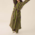 Oplxuo Women's Fuzzy Fleece Robe Long Striped Plush Bathrobe Warm Thick Fluffy Oversized Loungewear Maxi Robes with Pockets