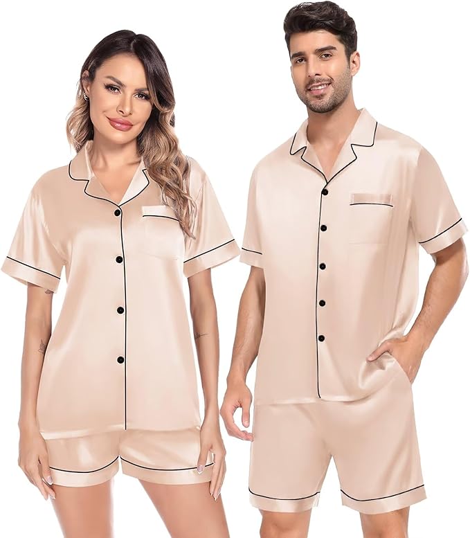 SWOMOG Satin Matching Pajamas Sets Couple Silk Button Down Nightwear Women & Men Short Sleeve Sleepwear 2 Pieces Loungewear