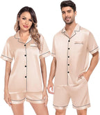 SWOMOG Satin Matching Pajamas Sets Couple Silk Button Down Nightwear Women & Men Short Sleeve Sleepwear 2 Pieces Loungewear