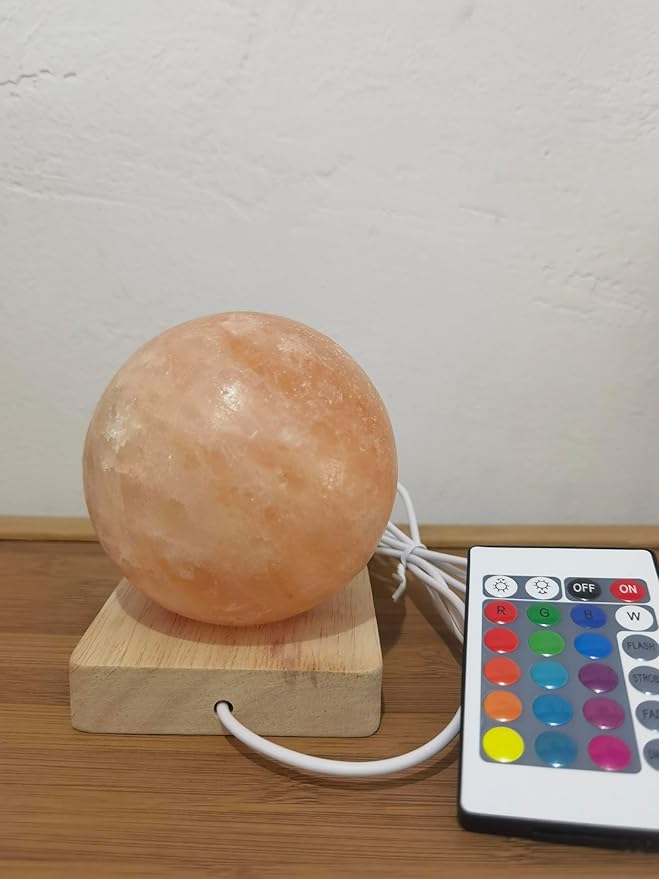 USB Colour Gradient Himalayan Salt lamp, Solid Wood Base Atmosphere Decoration Rotundity Salt lamp with Remote Control, Natural Crystal Stone Bedside Night Light, Handmade Crafts.