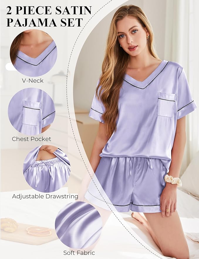 Silk Pajamas for Women Short Sleeve Satin 2 Piece Pj Set Soft V Neck Sleepwear Loungewear, S-XXL