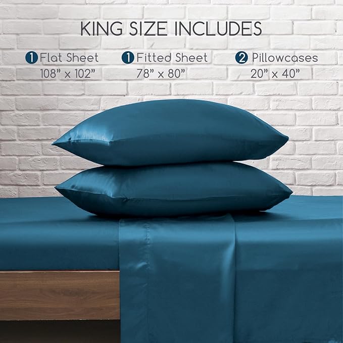MR&HM Satin Bed Sheets, King Size Sheets Set, 4 Pcs Silky Bedding Set with 15 Inches Deep Pocket for Mattress (King, Teal)