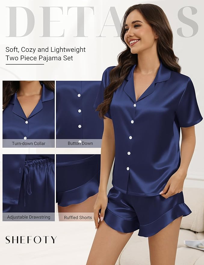 Silk Pajamas for Women Button Down 2 Piece Satin Pjs Shorts Set Ruffle Notch Collar Sleepwear Loungewear