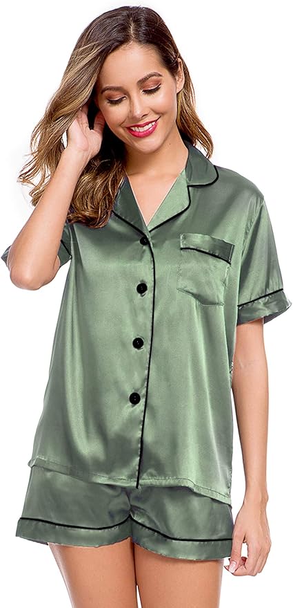LecGee Womens Silk Satin Pajamas Short Sleeve Loungewear Two-Piece Sleepwear Button-Down Pj Set