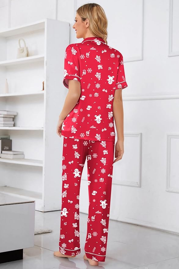 Umeyda Girls Womens Pajamas Set, Satin Silky Button Down Loungewear 2 Piece Short Sleeve Pants PJS Sets for Mommy Kids
