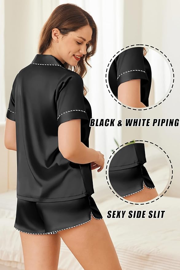 Ekouaer Silk Satin Pajamas Set Short Sleeve Pj Sets Black & White Contrast Piping Pjs Button Down Lounge Sets 2 Piece