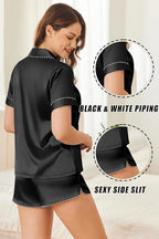 Ekouaer Silk Satin Pajamas Set Short Sleeve Pj Sets Black & White Contrast Piping Pjs Button Down Lounge Sets 2 Piece