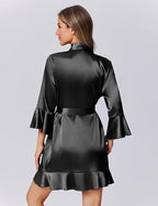 Ekouaer Women's Satin Robe Short Ruffle Hem Silky Robes Lightweight Kimono Brides Bathrobes Sleepwear XS-XXL