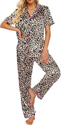 Ekouaer Silk Satin Pajamas Set Women Short Sleeve Sleepwear Soft Button Down Loungewear Pjs Set