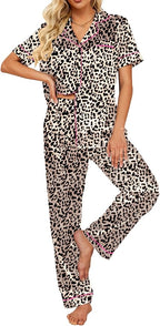 Ekouaer Silk Satin Pajamas Set Women Short Sleeve Sleepwear Soft Button Down Loungewear Pjs Set