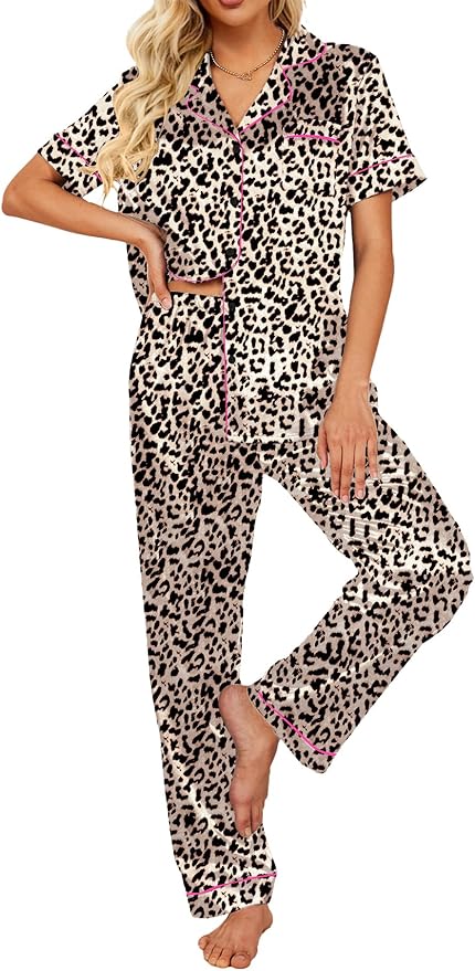 Ekouaer Silk Satin Pajamas Set Women Short Sleeve Sleepwear Soft Button Down Loungewear Pjs Set