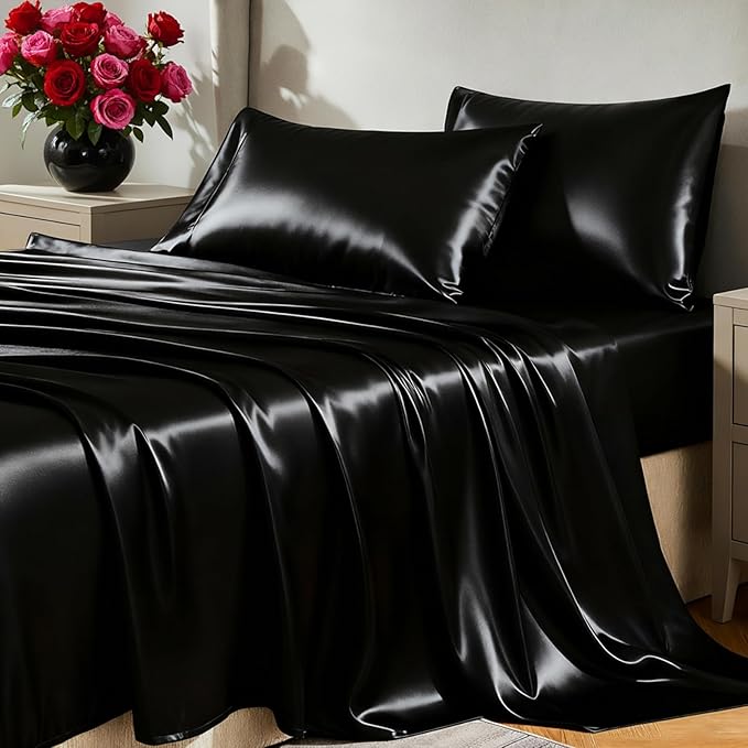 CozyLux Satin Sheets Twin XL Sheets - 3 Piece Silky XL Twin Sheet Set, Luxury Extra Long Black Sheet with Smooth and Soft Microfiber, Includes 1 Fitted Sheet, 1 Flat Sheet and 1 Pillowcase